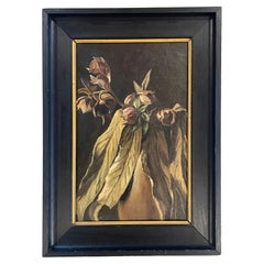 Vintage Danish art deco dystopic still life floral painting of withering flowers