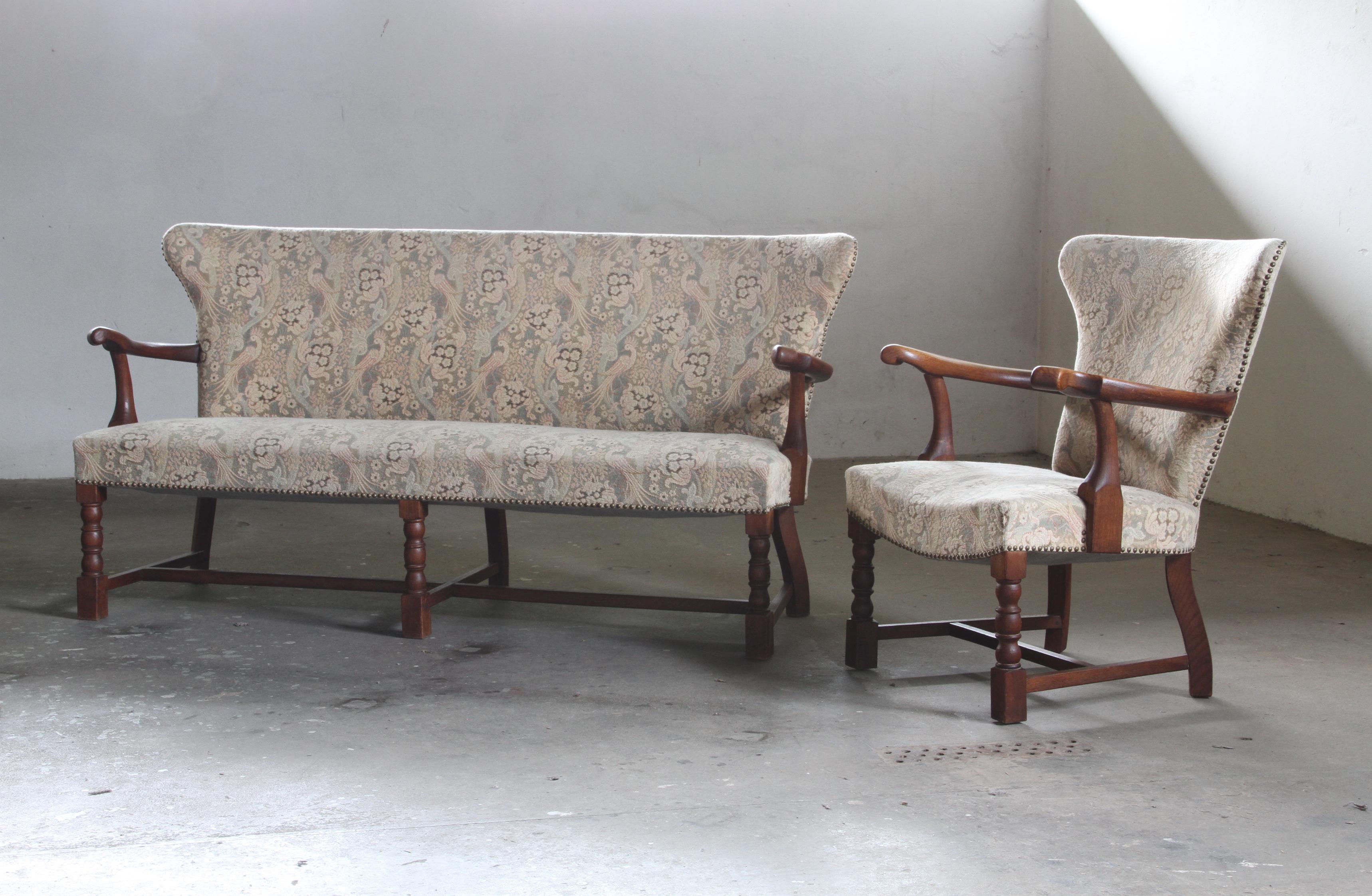 Sofá Art Decó danés vintage de roble - Años 40 Tela en venta