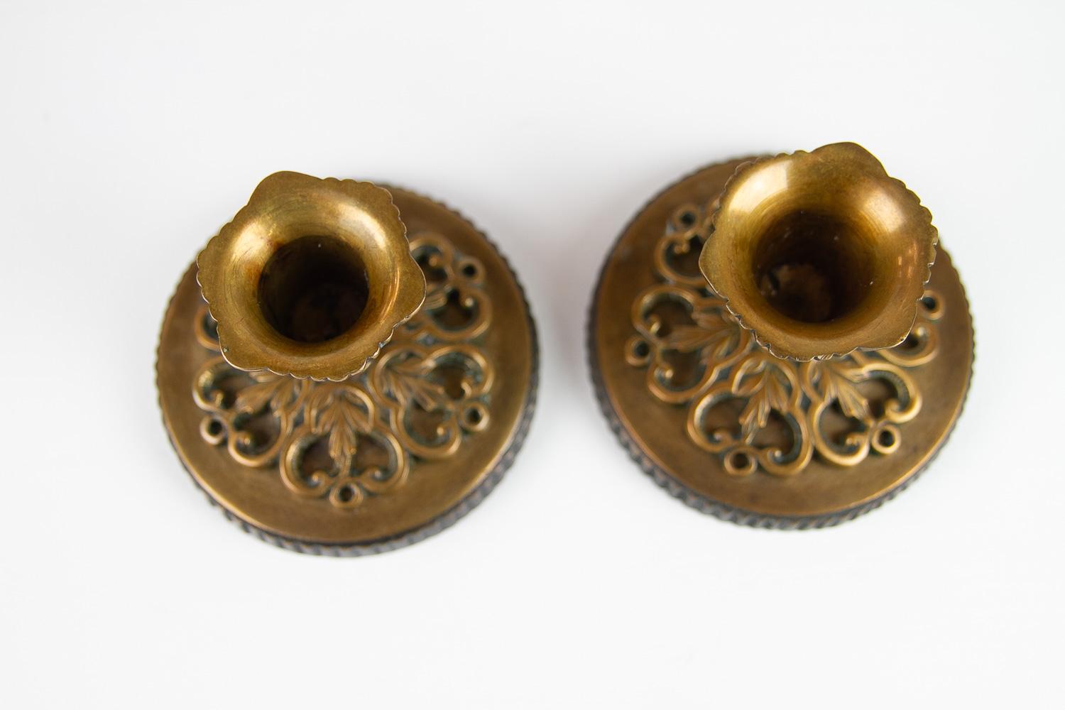 Vintage Danish Art Nouveau Bronze Candleholders, 1930s. Set of 2.  In Good Condition For Sale In Asaa, DK