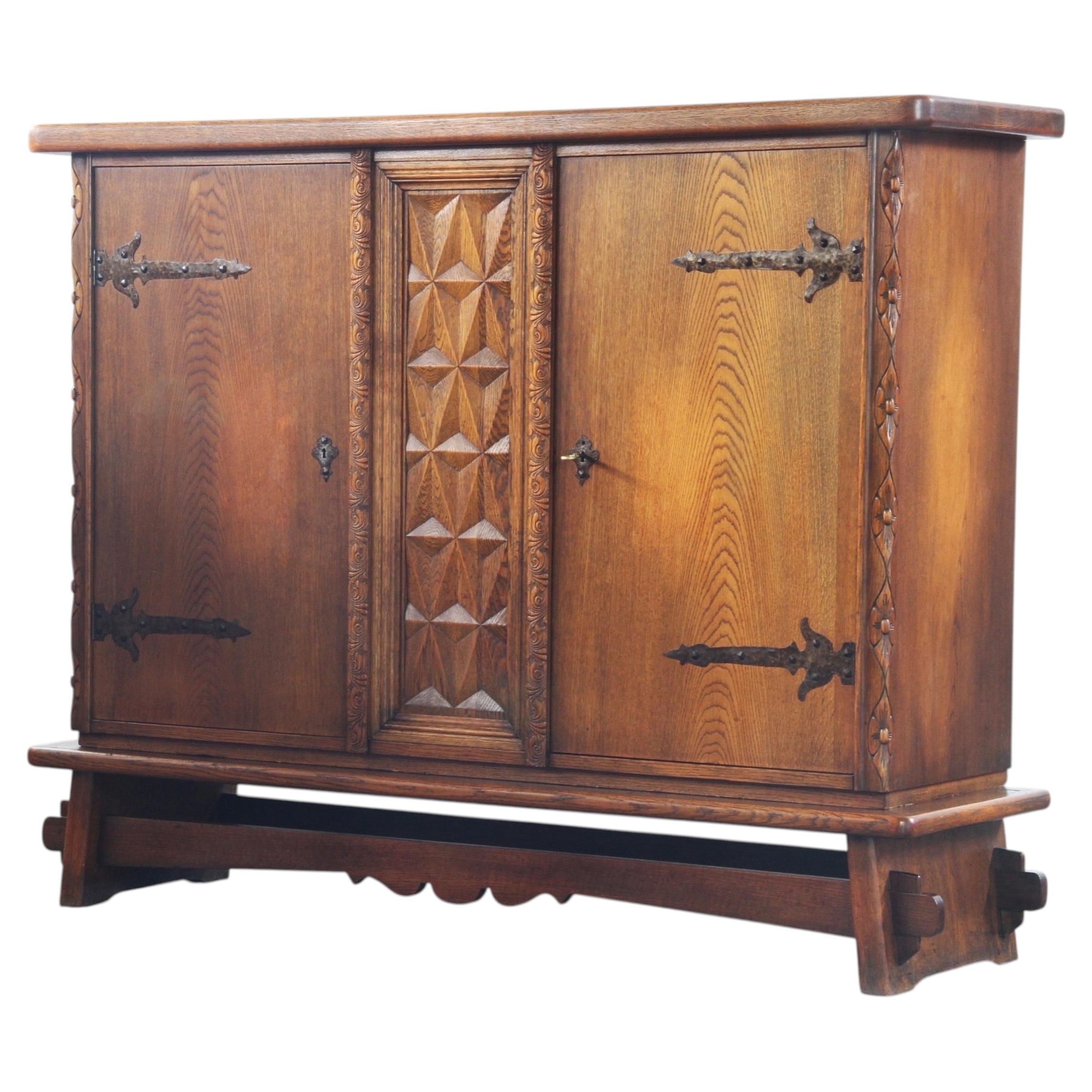 Vintage Danish Baroque Brutalist Style Oak Cabinet 1960s