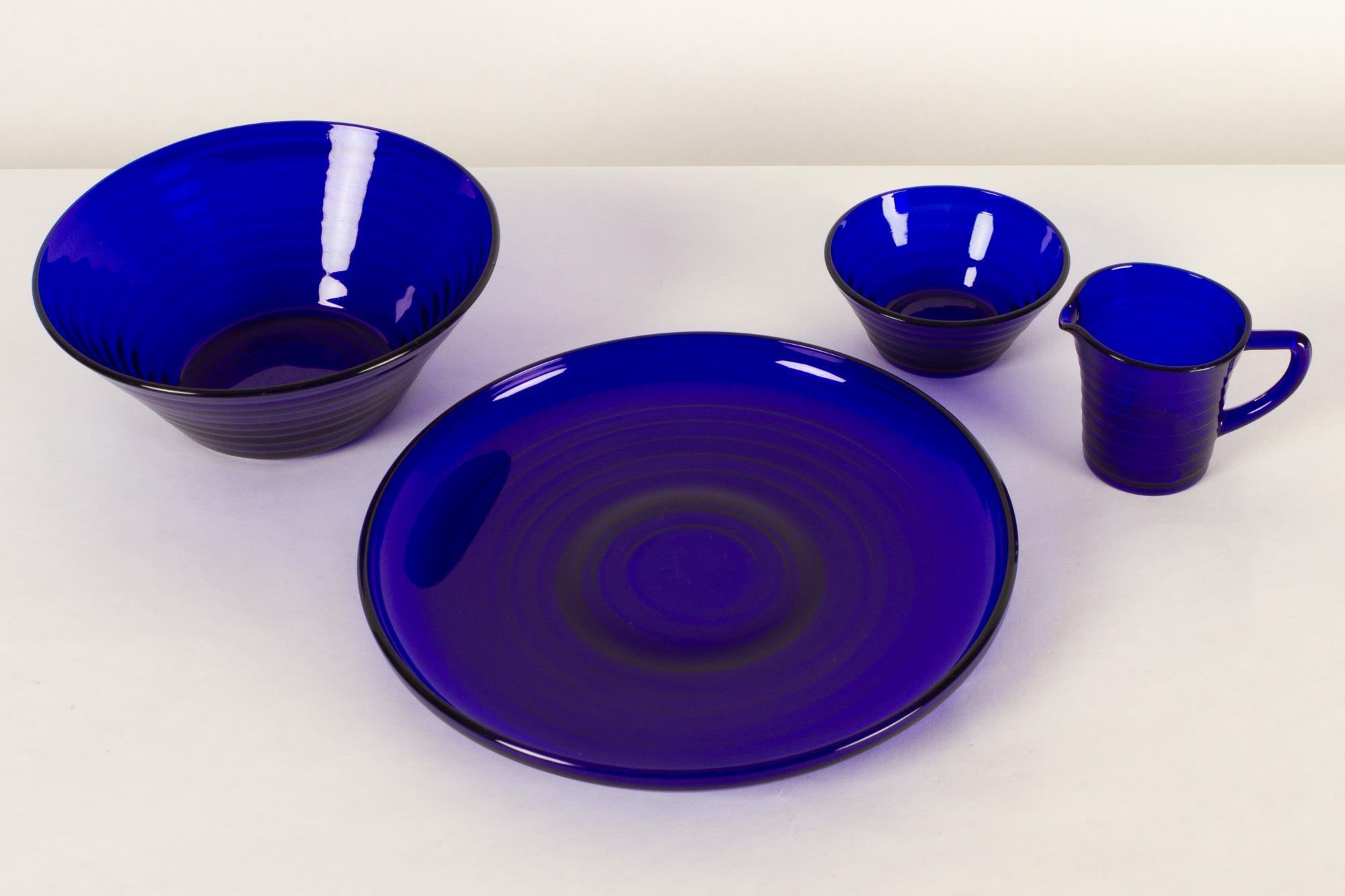 Mid-Century Modern Vintage Danish Blue Glass Set 1930s Set of 4 For Sale