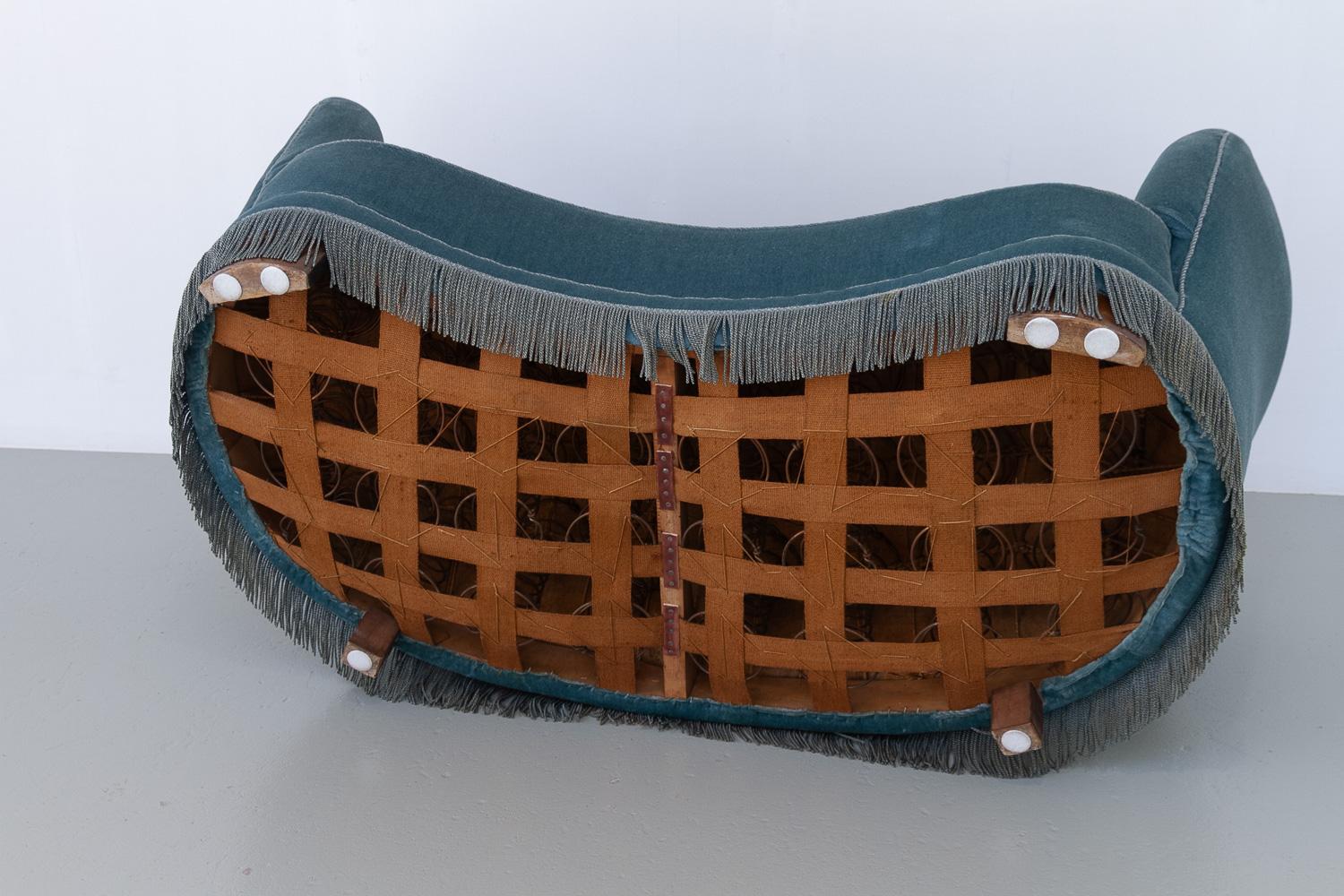 Vintage Danish Blue Velvet Art Deco Banana Sofa, 1940s. 9