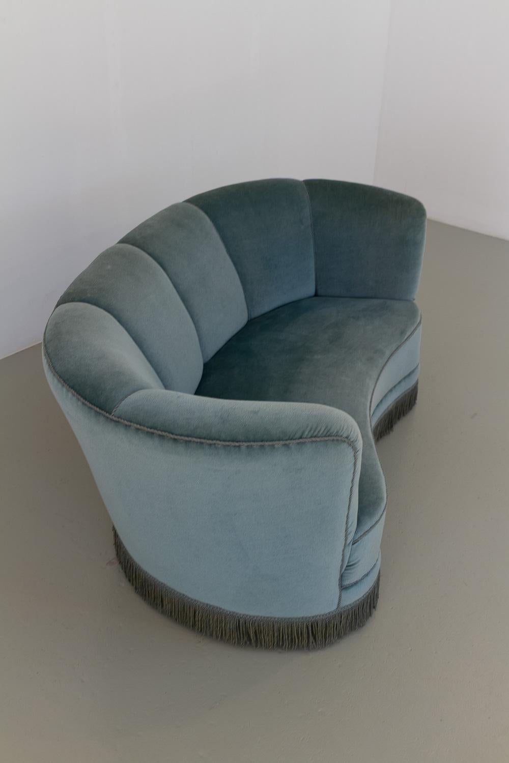 Vintage Danish Blue Velvet Art Deco Banana Sofa, 1940s. 1