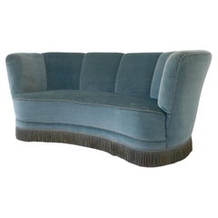 Vintage Danish Blue Velvet Art Deco Banana Sofa, 1940s.