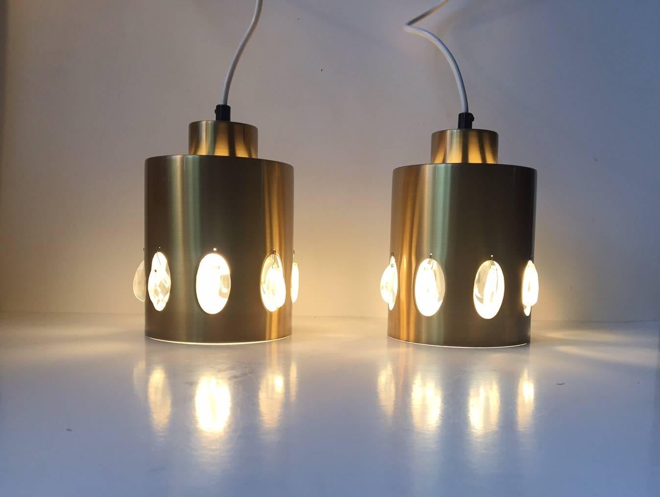 Mid-20th Century Vintage Danish Brass and Crystal Prisms Pendant Lamps from Vitrika, 1960s For Sale