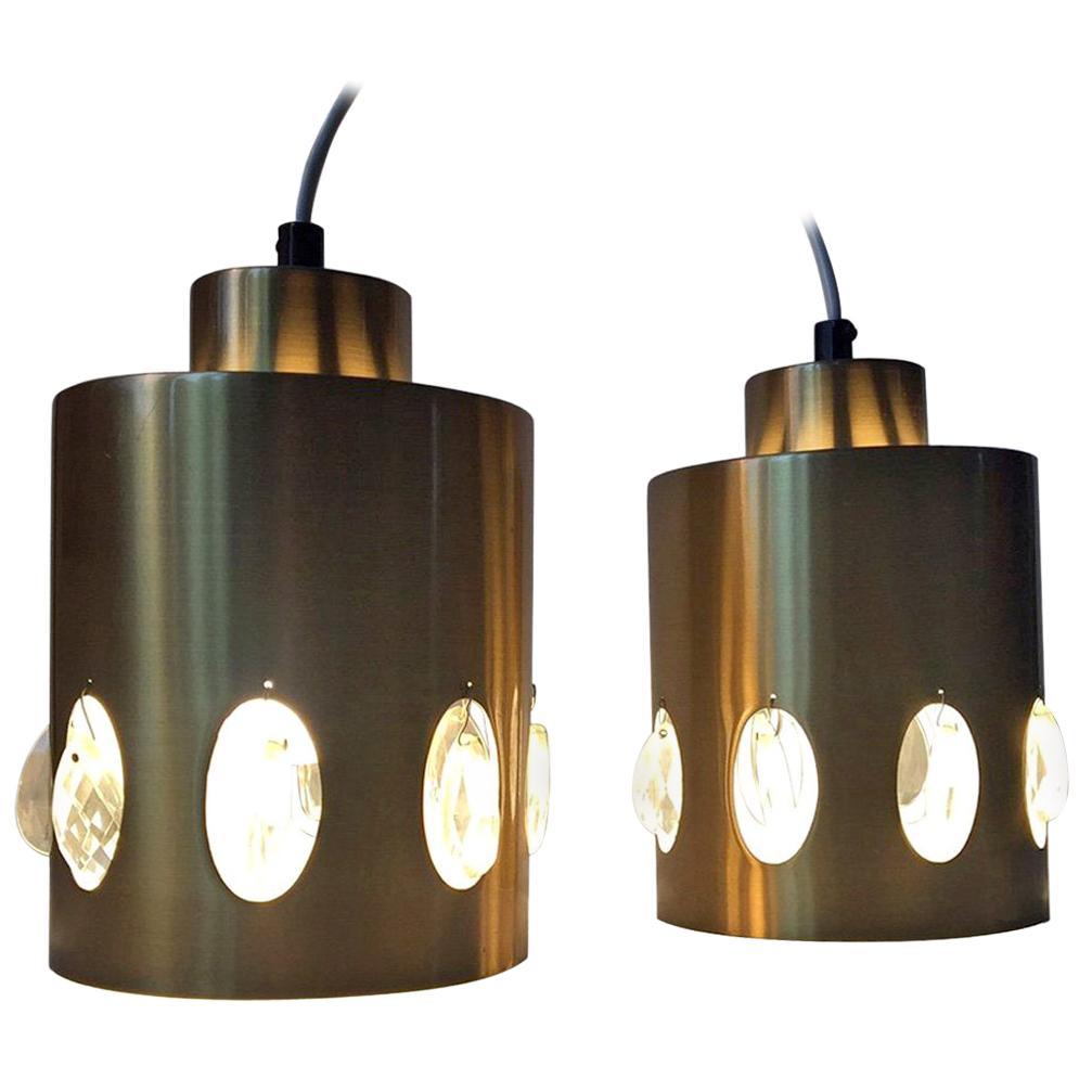 Vintage Danish Brass and Crystal Prisms Pendant Lamps from Vitrika, 1960s