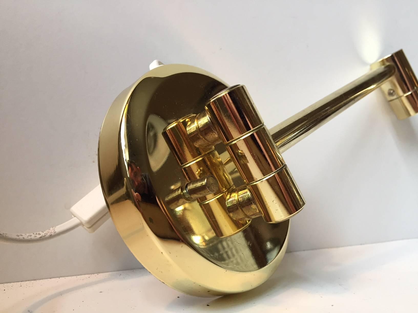Polished Vintage Danish Brass and Glass Swing Arm Wall Lamp from ABO, 1980s