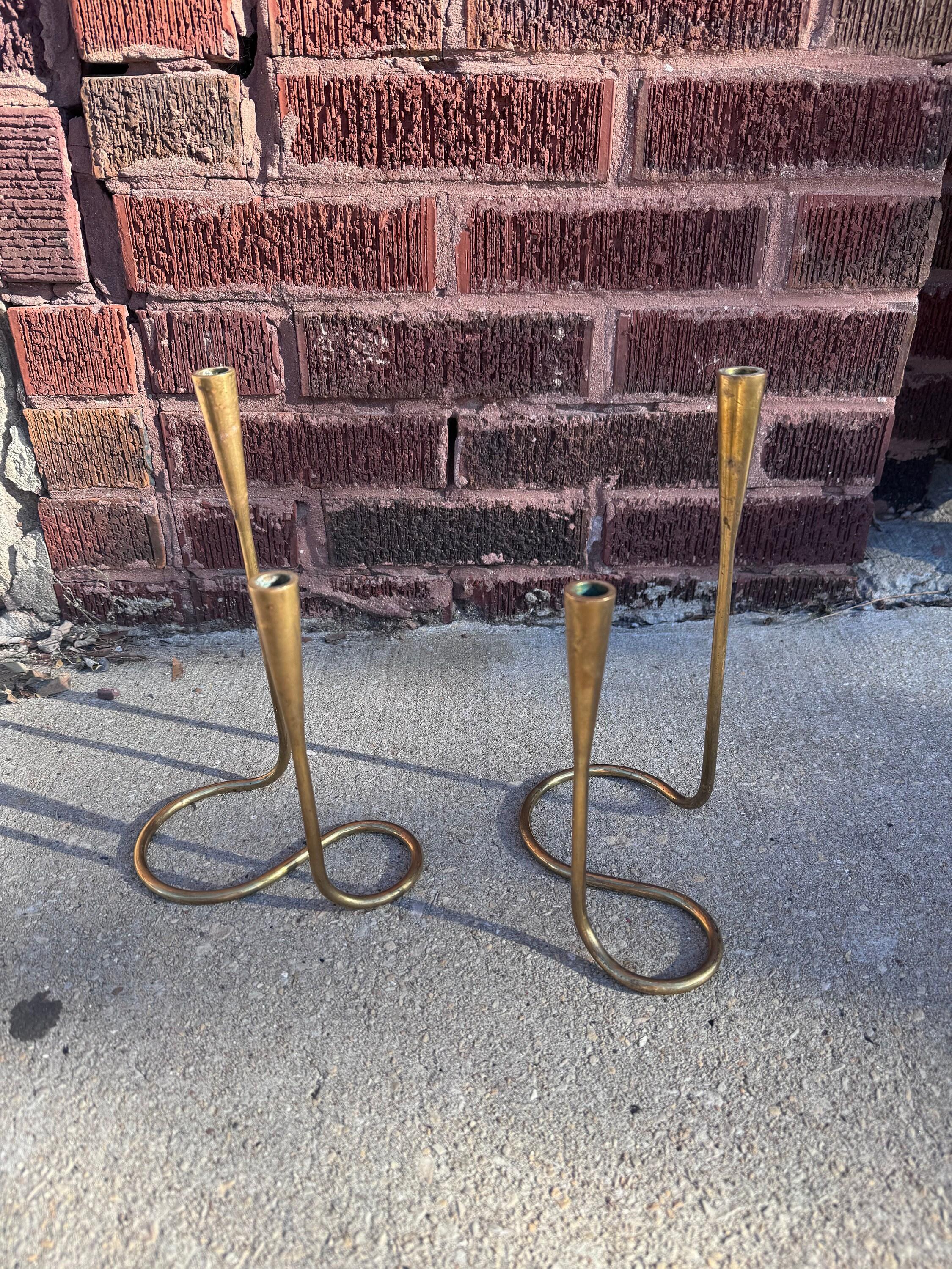 Vintage Danish Brass Serpentine Candlestick for Illums Bolighus - Set of 2 In Good Condition In Chicago, IL