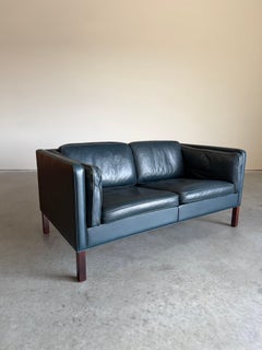 Vintage Danish Børge Mogensen Navy Leather 2 Seat Sofa