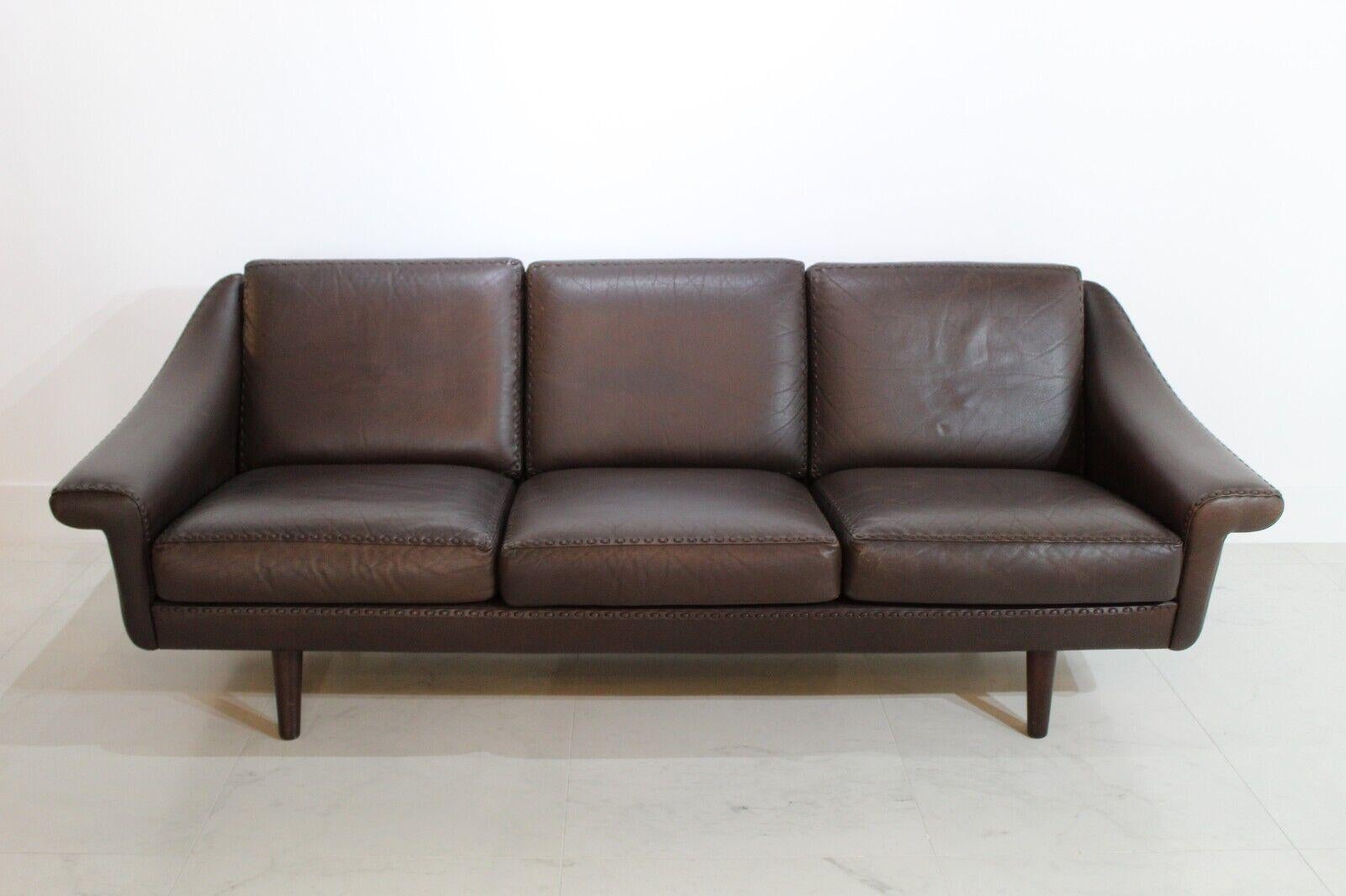 Danish Brown Leather Sofa, Three-Seater, 1970's 1