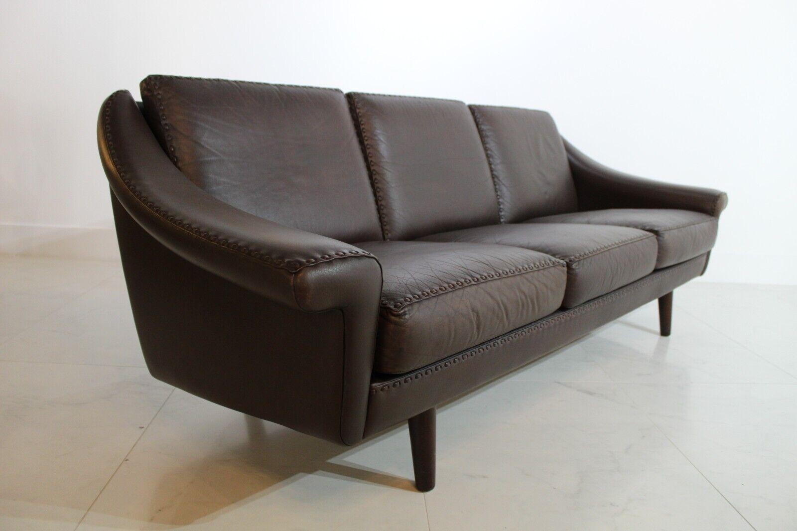 Danish Brown Leather Sofa, Three-Seater, 1970's 2