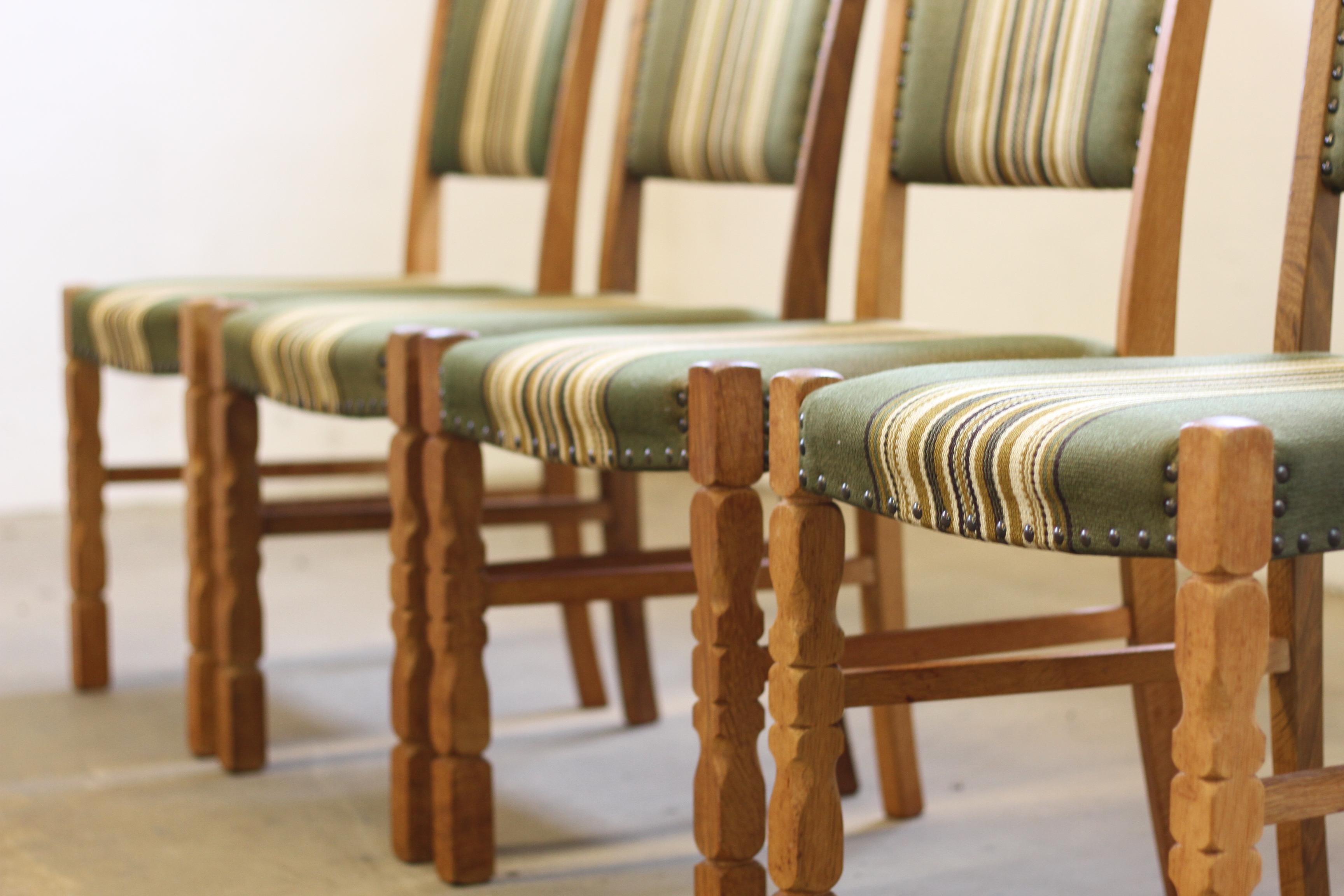 Fabric Vintage Danish Brutalisme Oak Dining Chairs, style of Henning Kjærnulf For Sale