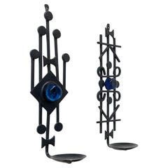 Vintage Danish Brutalist Iron & Blue Glass Wall Candleholders by Dantoft, 1970s