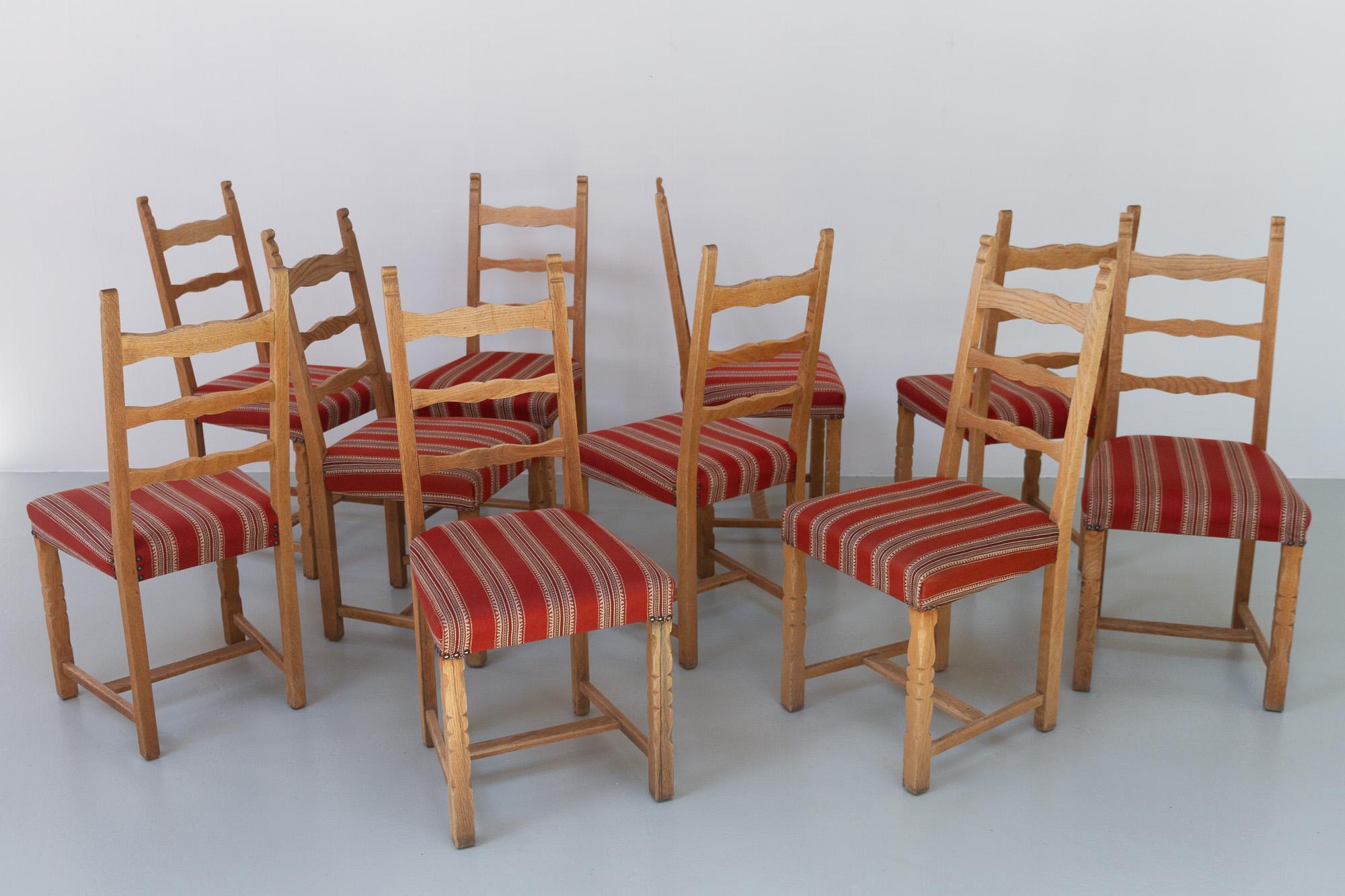 Vintage Danish Brutalist Ladder Back Oak Dining Chairs, 1960s. Set of 10. For Sale 8