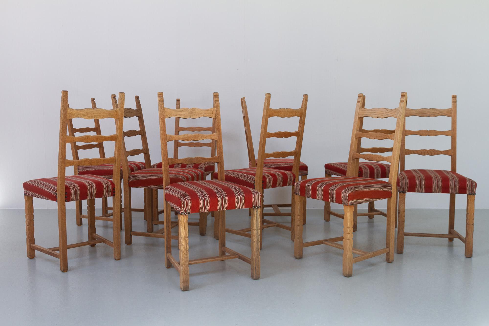 Vintage Danish Brutalist Ladder Back Oak Dining Chairs, 1960s. Set of 10. For Sale 9