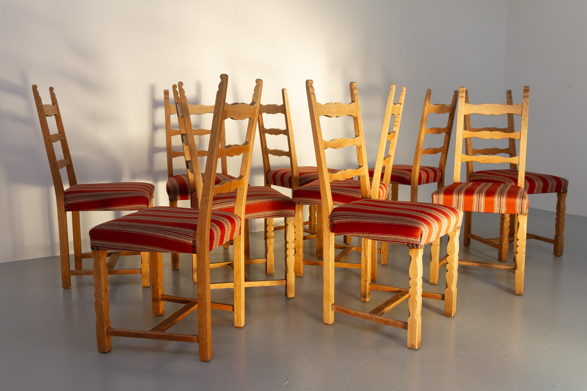 Vintage Danish Brutalist Ladder Back Oak Dining Chairs, 1960s. Set of 10. For Sale 12