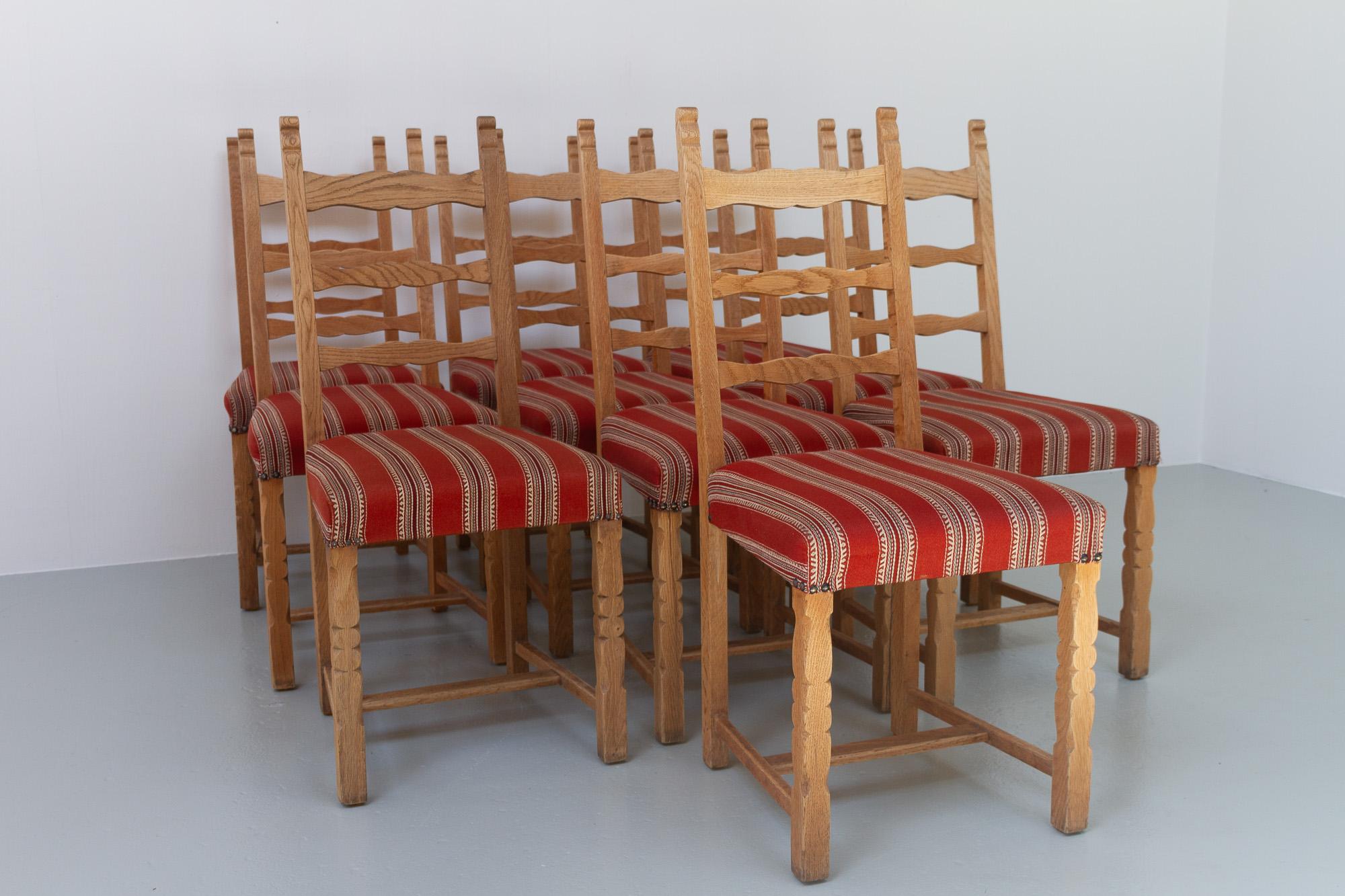 Vintage Danish Brutalist Ladder Back Oak Dining Chairs, 1960s. Set of 10. For Sale 2