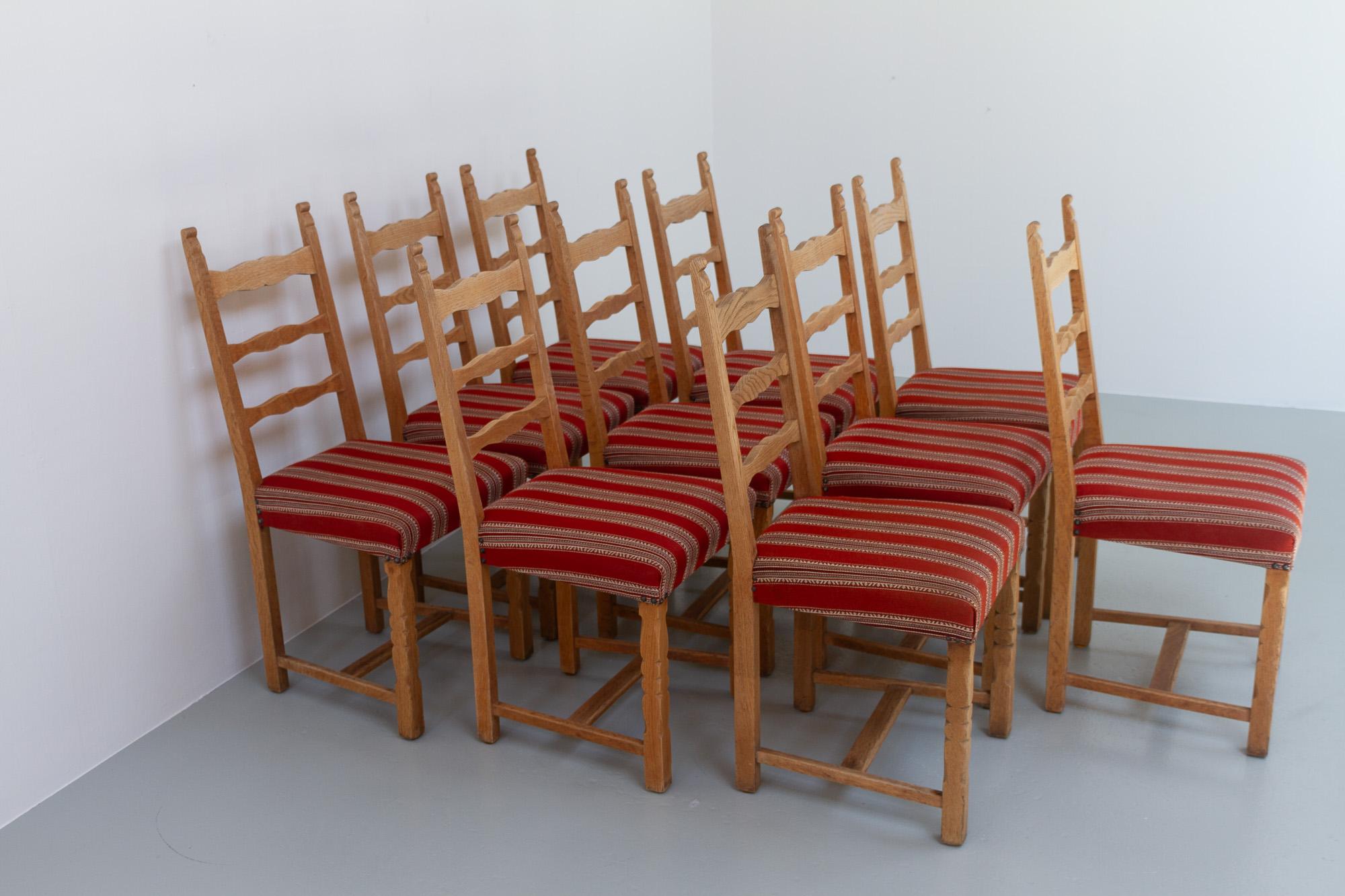 Vintage Danish Brutalist Ladder Back Oak Dining Chairs, 1960s. Set of 10. For Sale 4