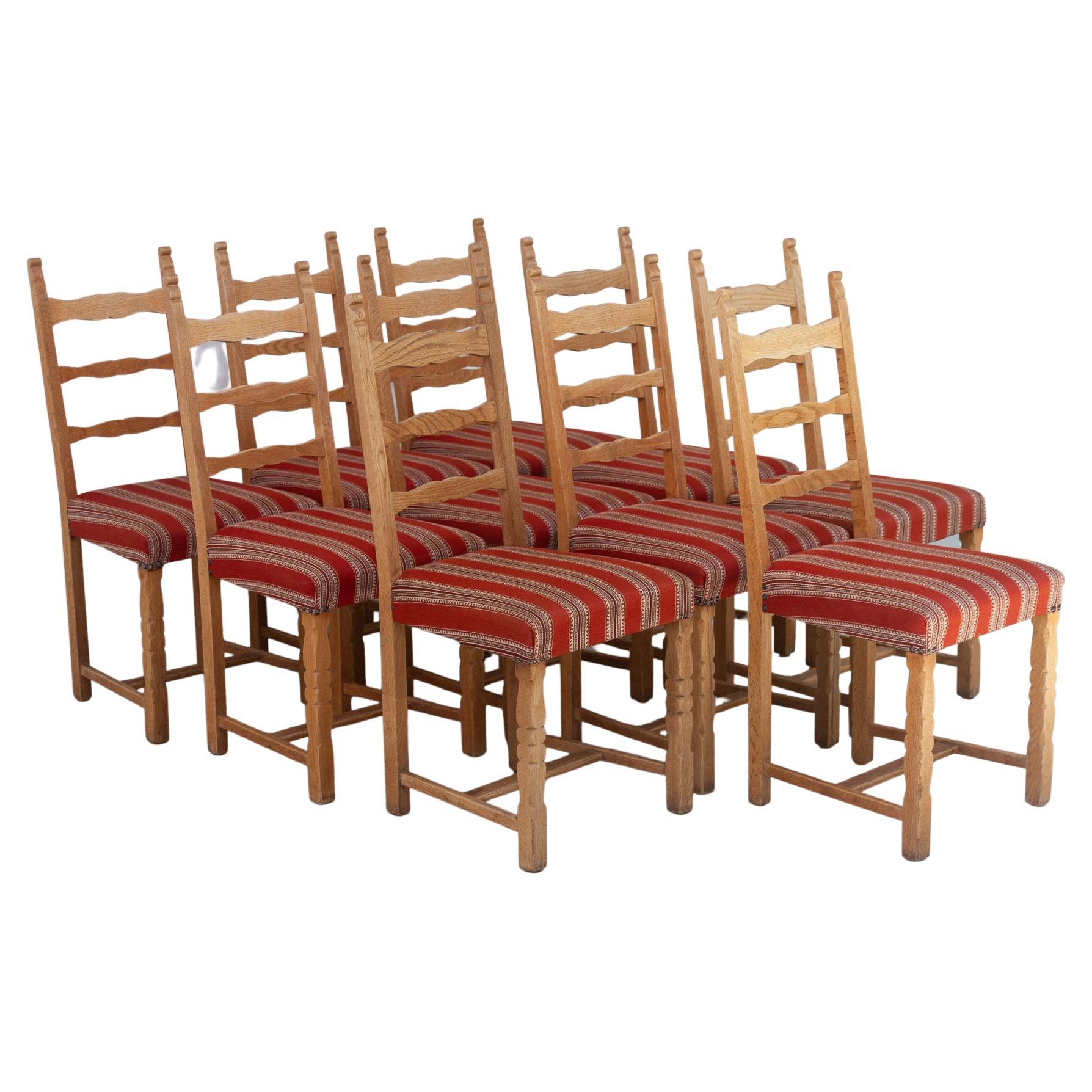 Vintage Danish Brutalist Ladder Back Oak Dining Chairs, 1960s. Set of 10. For Sale