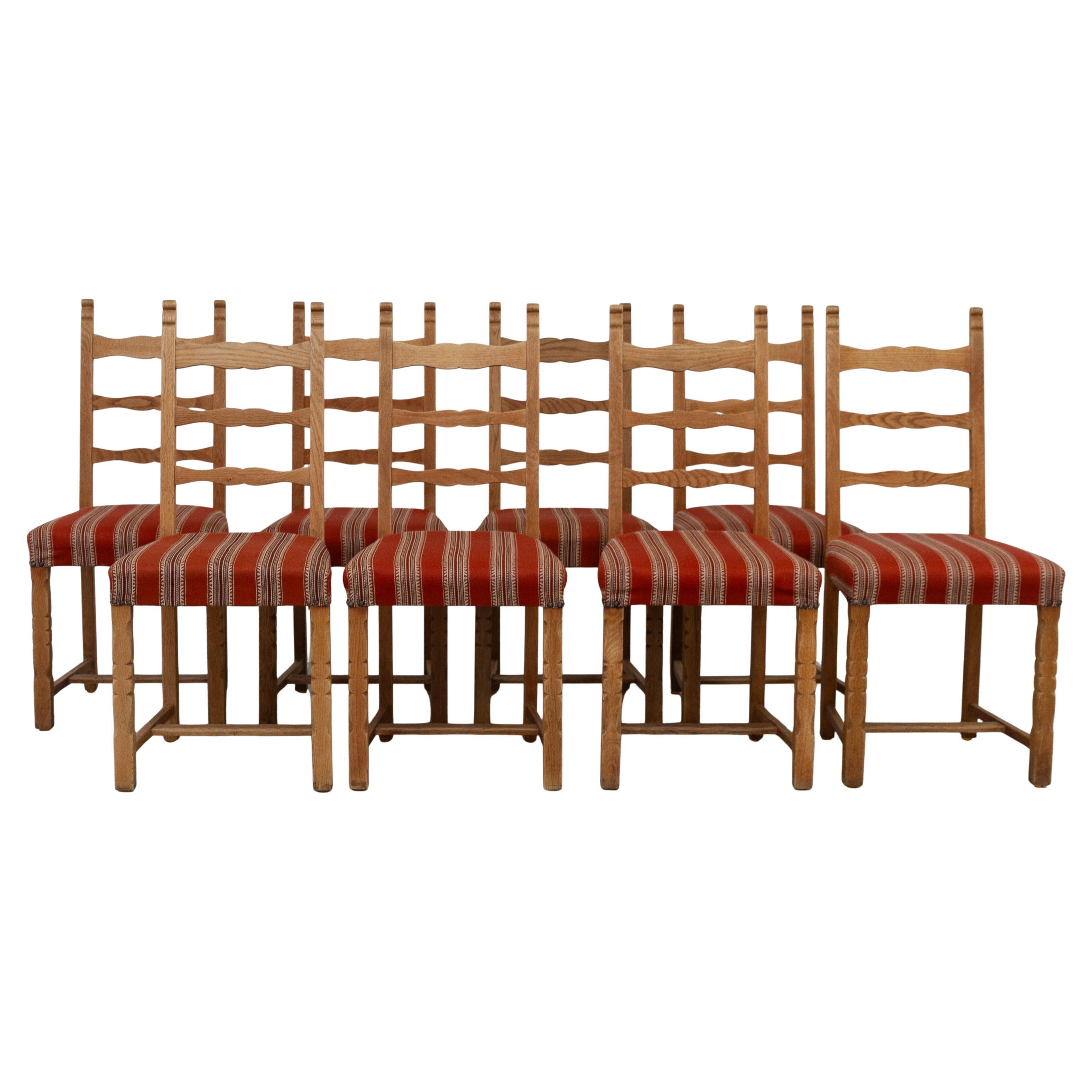Vintage Danish Brutalist Ladder Back Oak Dining Chairs, 1960s. Set of 8.