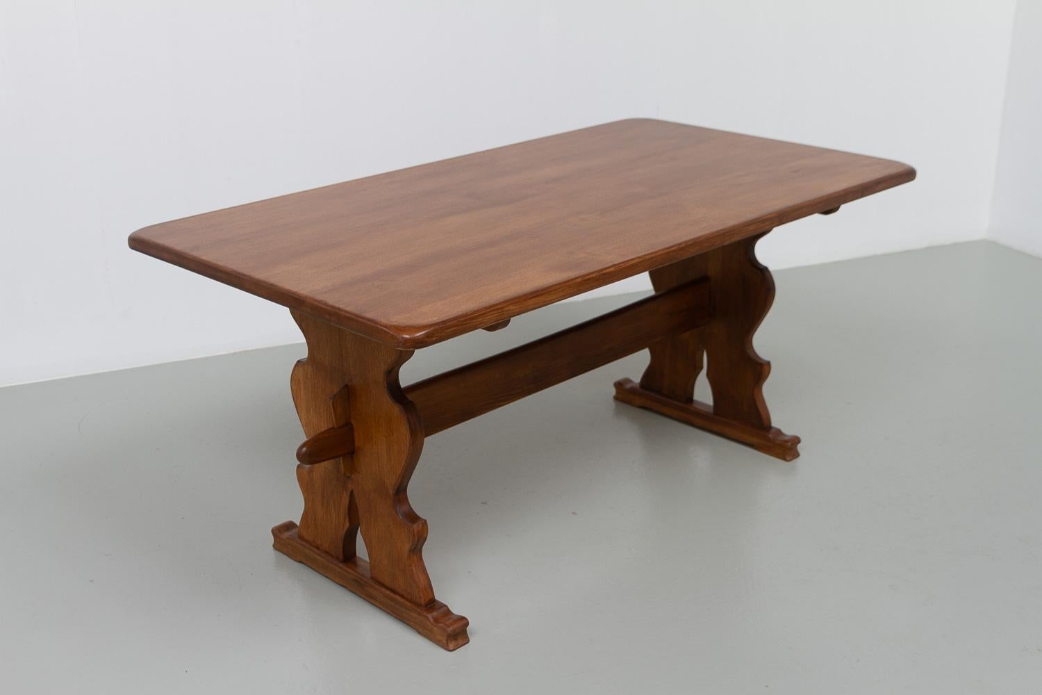 Vintage Danish Brutalist Oak Dining Table, 1960s.
Rectangular Scandinavian Mid-Century Modern Brutalist dining room table in solid stained Nordic oak attributed to Danish designer Henning Kjærnulf.
This rustic looking farmhouse style table was