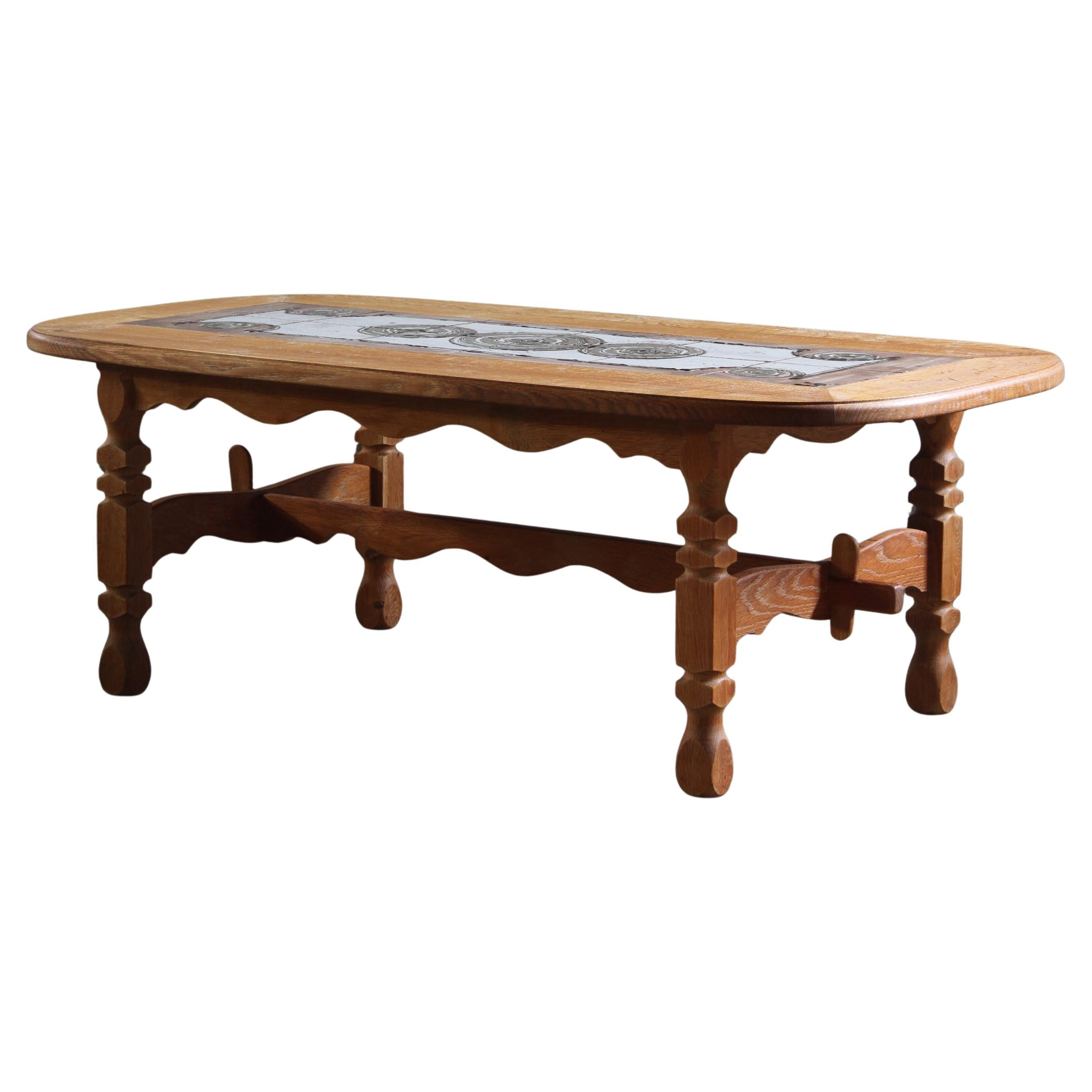Vintage Danish Brutalist Oak & Tile Coffee Table style of Henning Kjærnulf, 60s