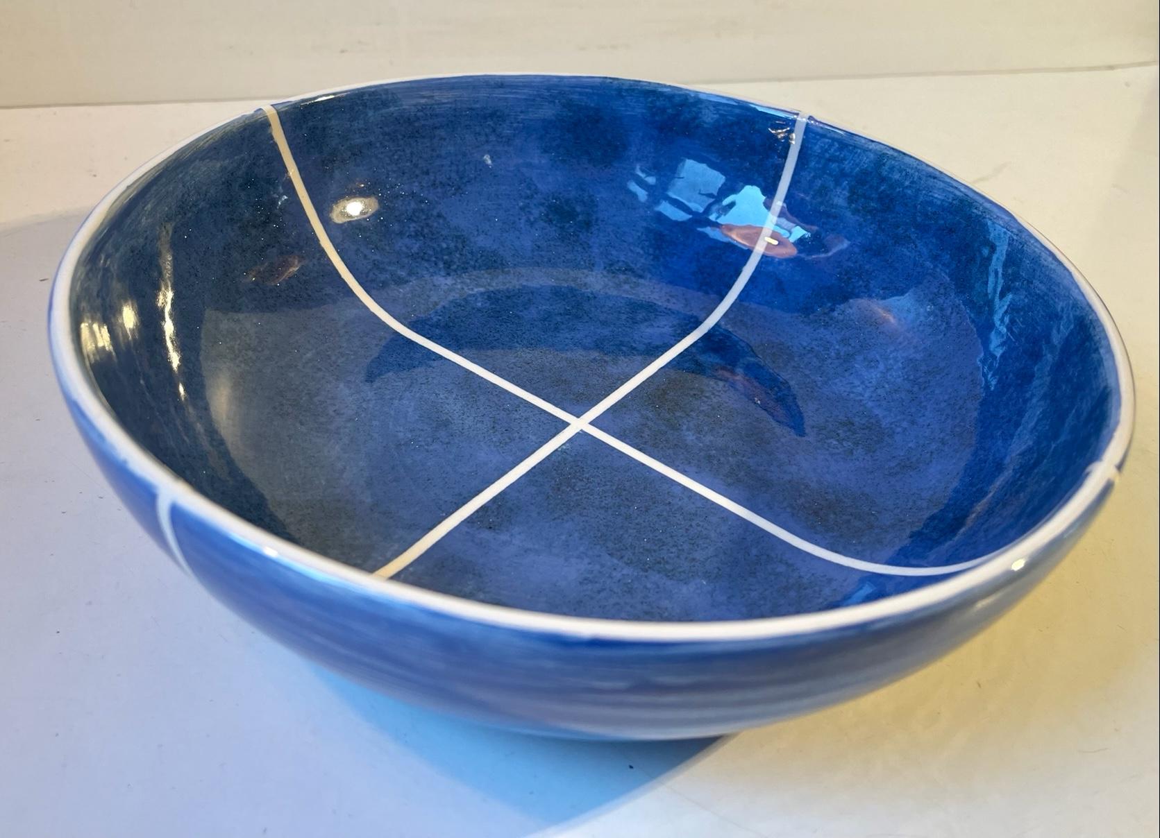 Modern Vintage Danish Ceramic Bowl with Blue Glaze, Signed, 1970s For Sale