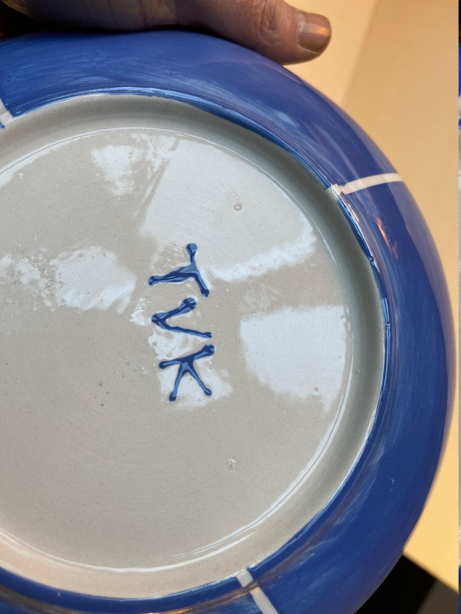 Glazed Vintage Danish Ceramic Bowl with Blue Glaze, Signed, 1970s For Sale