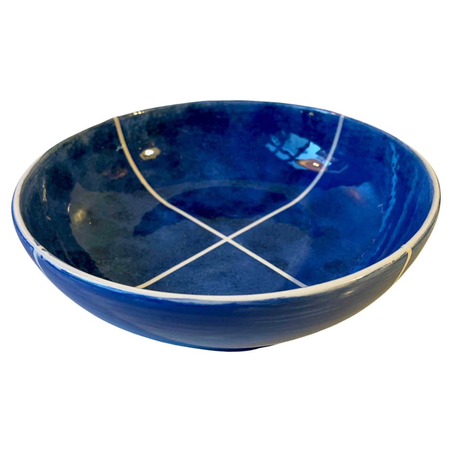 Vintage Danish Ceramic Bowl with Blue Glaze, Signed, 1970s For Sale