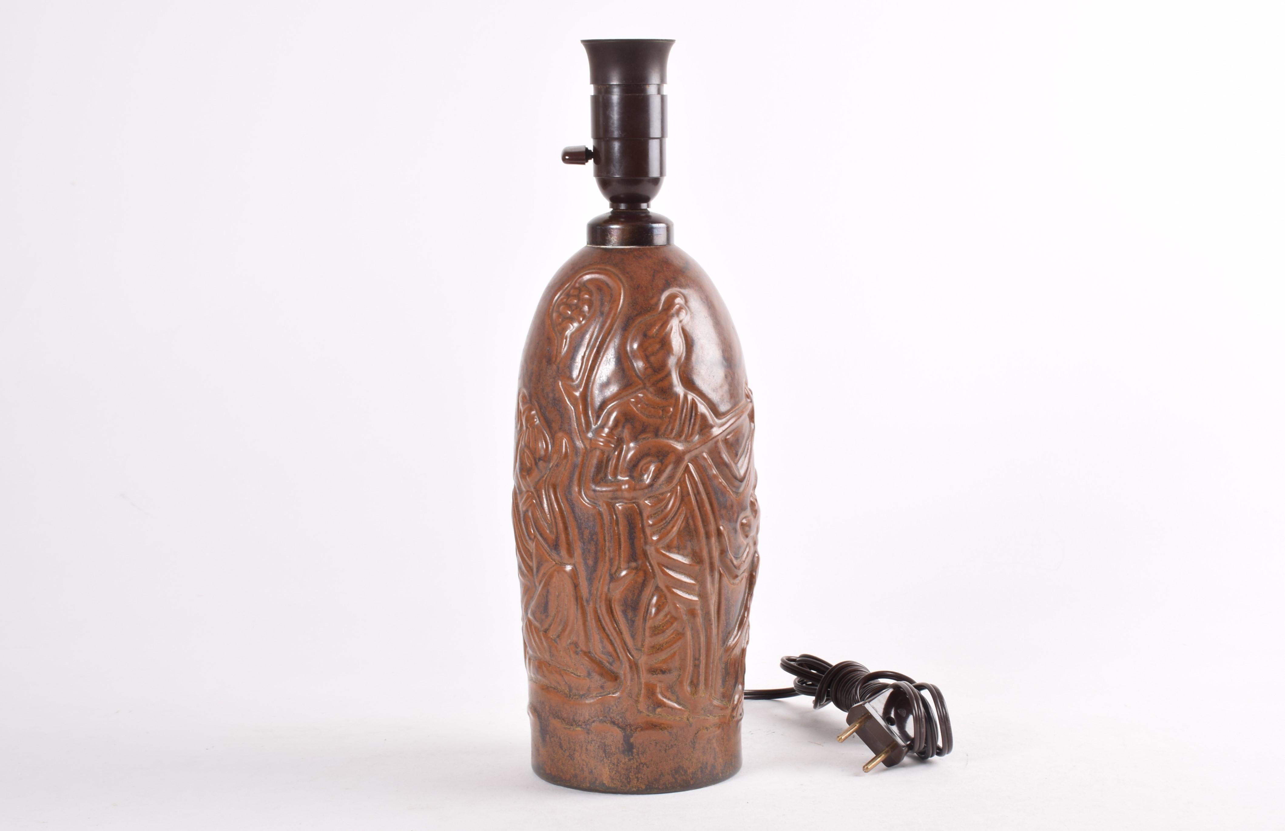 20th Century Vintage Danish Ceramic Table Lamp Brown Glaze Three Women Motif by L. Hjorth For Sale