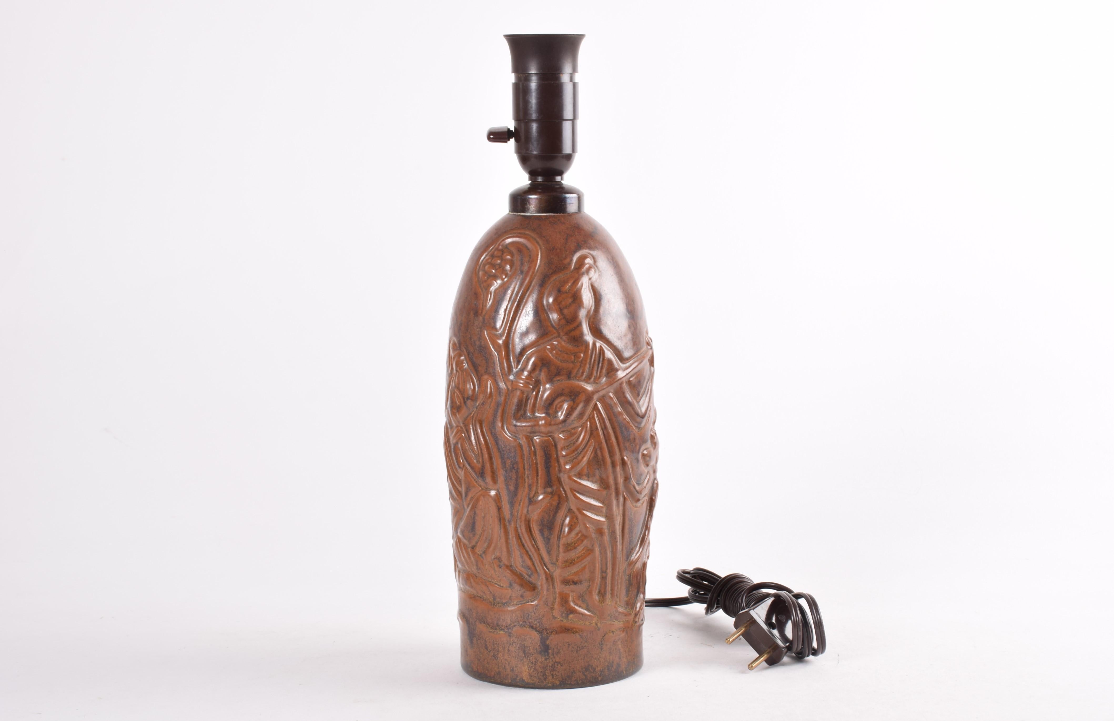 20th Century Vintage Danish Ceramic Table Lamp Brown Glaze Three Women Motif by L. Hjorth