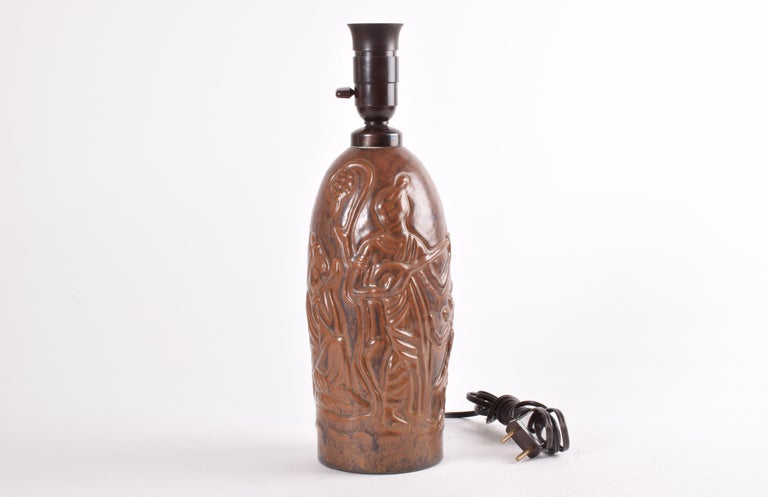 20th Century Vintage Danish Ceramic Table Lamp Brown Glaze Three Women Motif by L. Hjorth For Sale