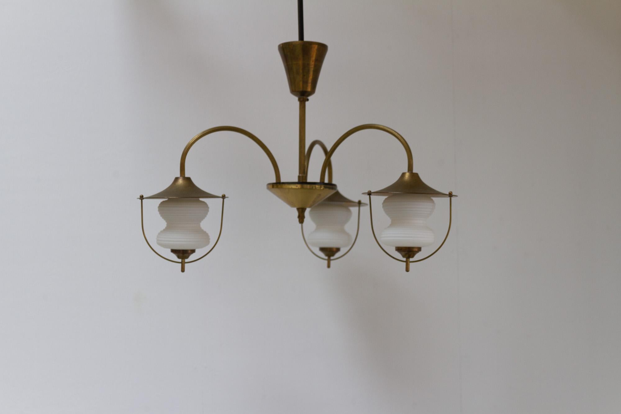 Vintage Danish Chandelier in Opaline Glass and Brass, 1950s For Sale 5