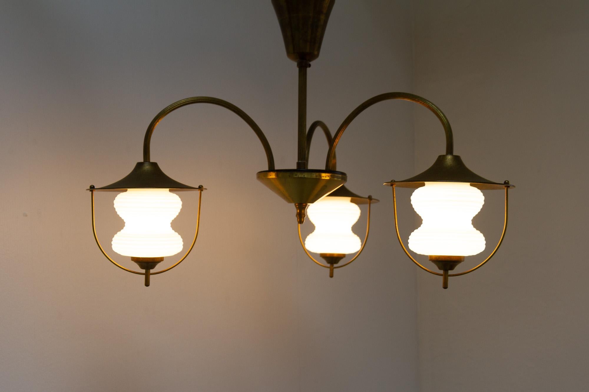 Vintage Danish Chandelier in Opaline Glass and Brass, 1950s For Sale 6