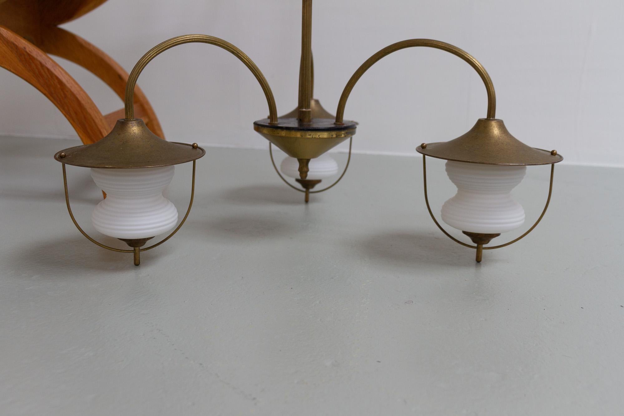 Vintage Danish Chandelier in Opaline Glass and Brass, 1950s For Sale 12