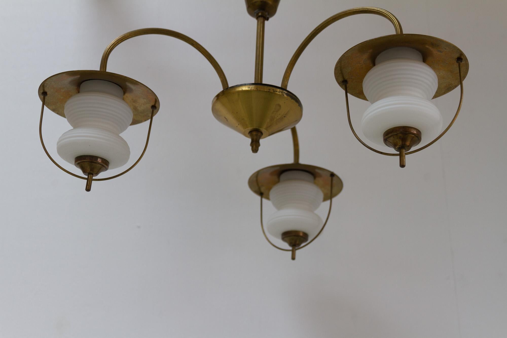 Vintage Danish Chandelier in Opaline Glass and Brass, 1950s For Sale 2