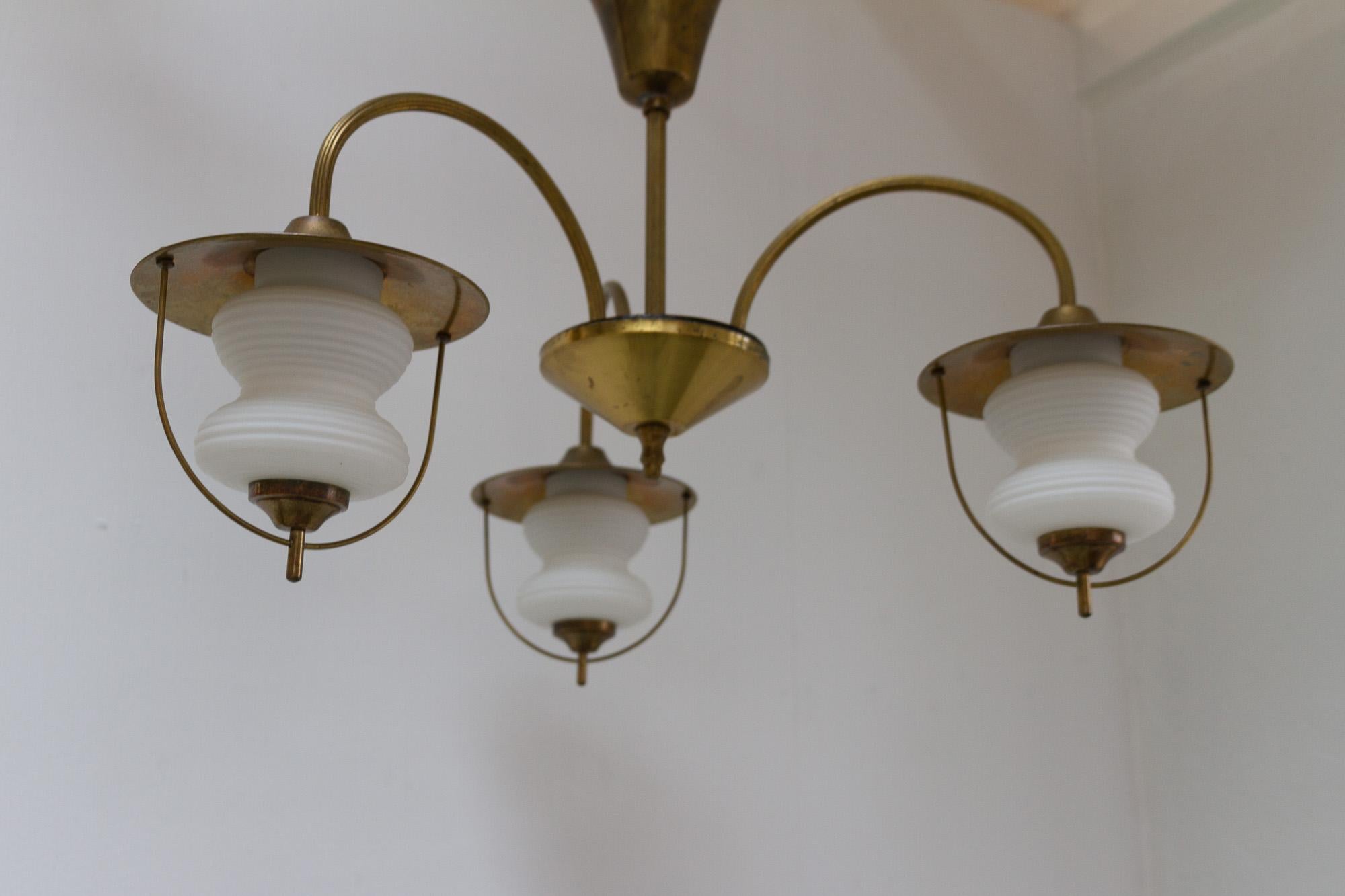 Vintage Danish Chandelier in Opaline Glass and Brass, 1950s For Sale 3