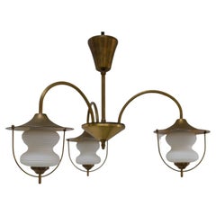 Vintage Danish Chandelier in Opaline Glass and Brass, 1950s