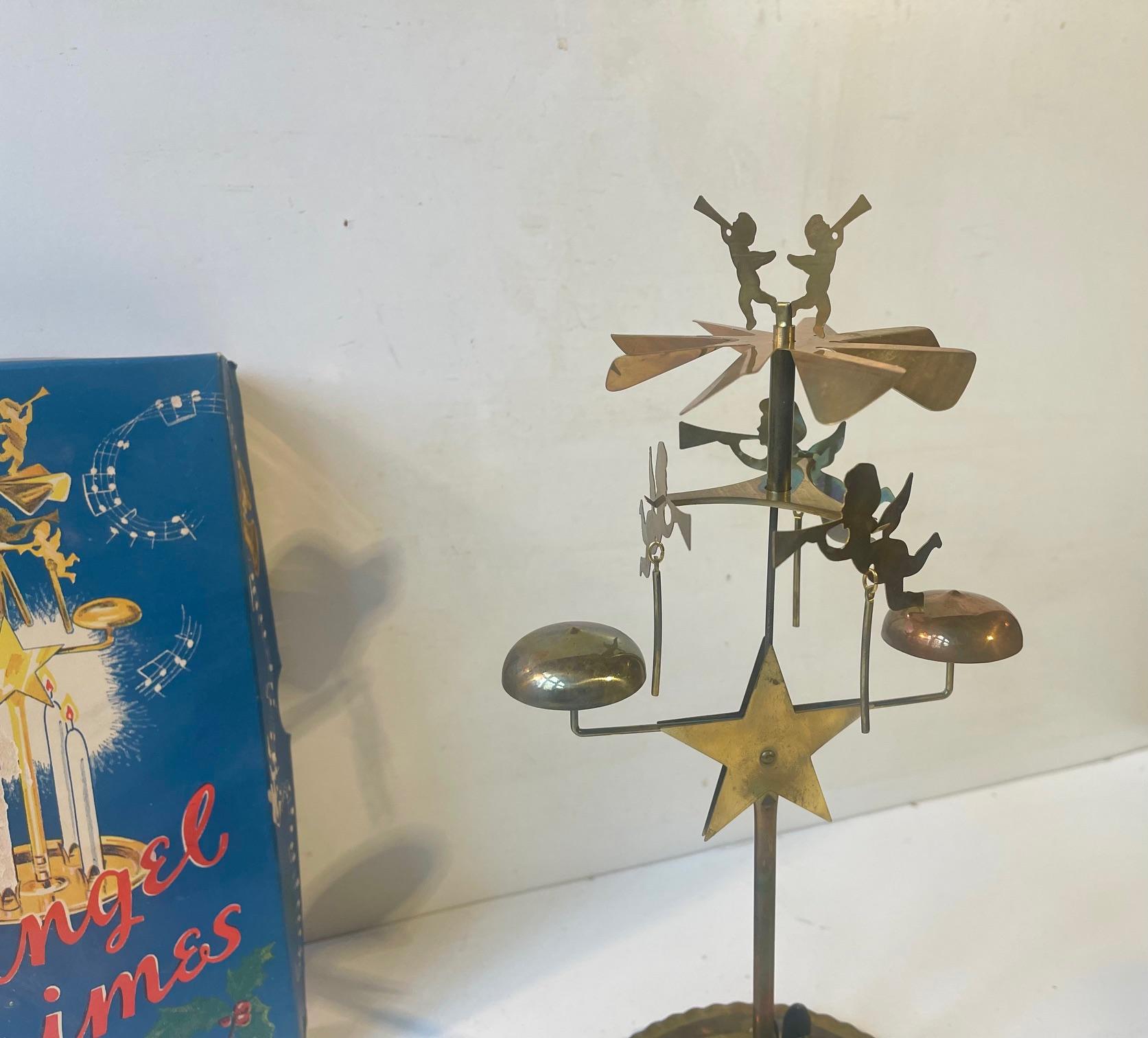 Vintage Danish Christmas Angel Revolving Chimes in Brass, 1960s 3