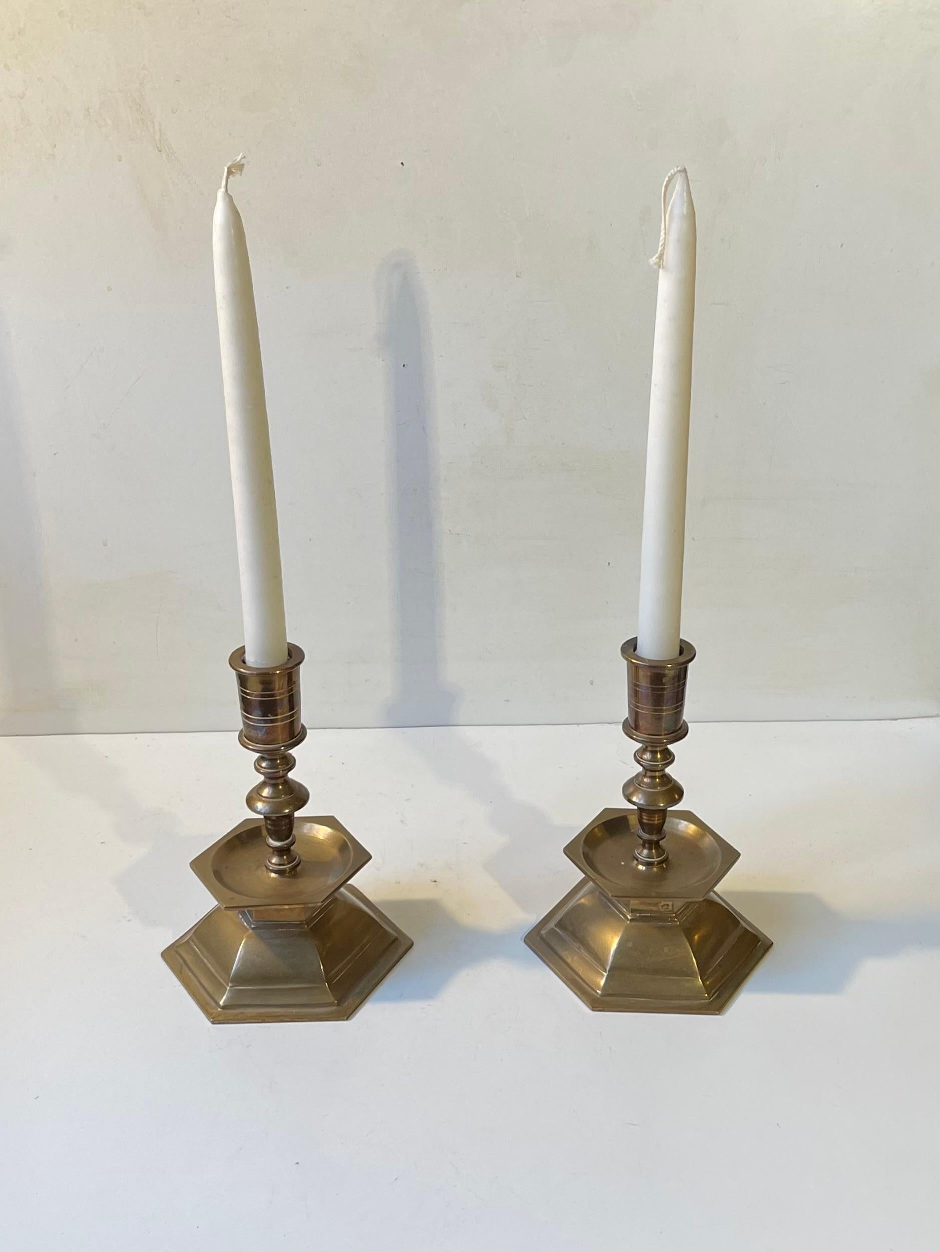 Mid-Century Modern Vintage Danish Church Altar Candlesticks in Brass, 1930s For Sale