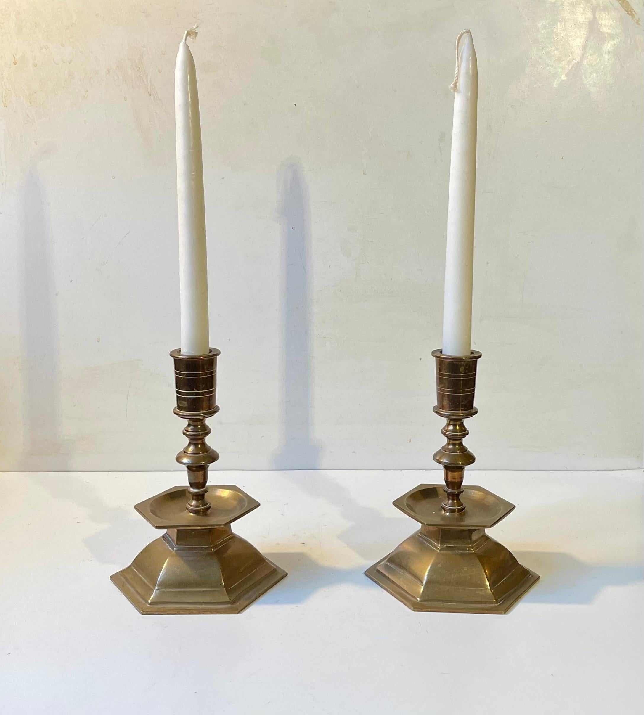 Mid-20th Century Vintage Danish Church Altar Candlesticks in Brass, 1930s For Sale