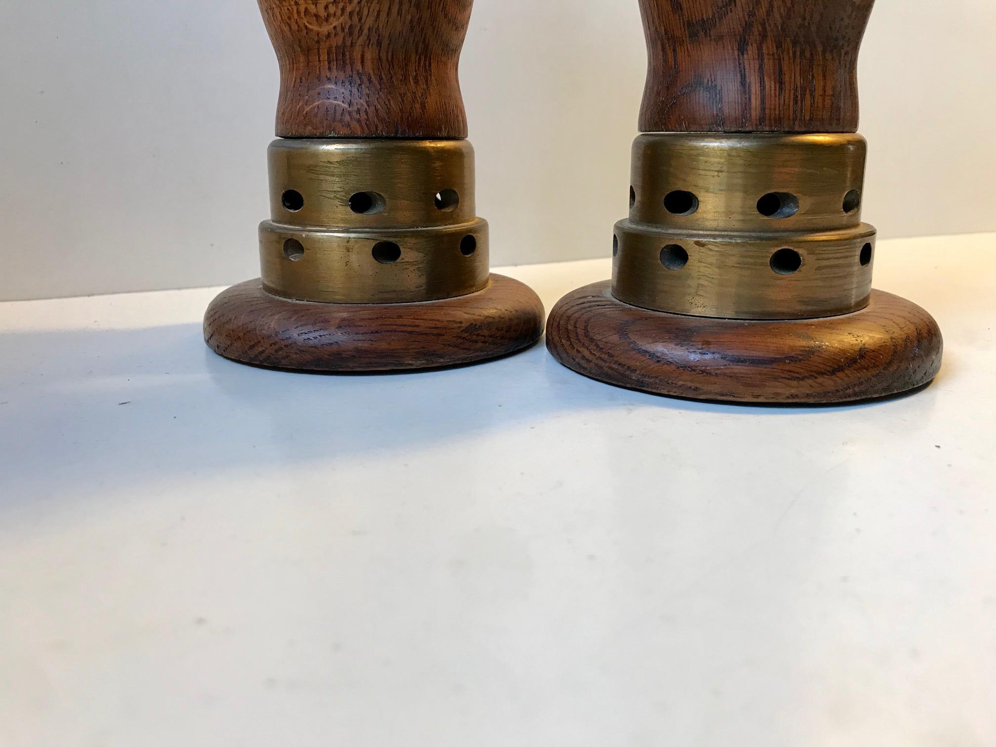 Mid-Century Modern Vintage Danish Church Candleholders in Oak and Bronze, 1950s, Set of 2 For Sale