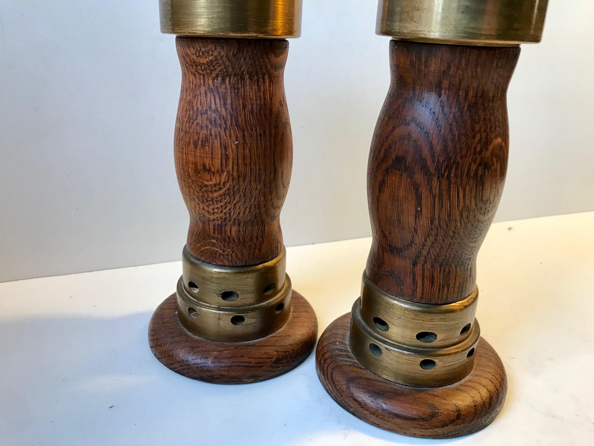 Mid-20th Century Vintage Danish Church Candleholders in Oak and Bronze, 1950s, Set of 2 For Sale