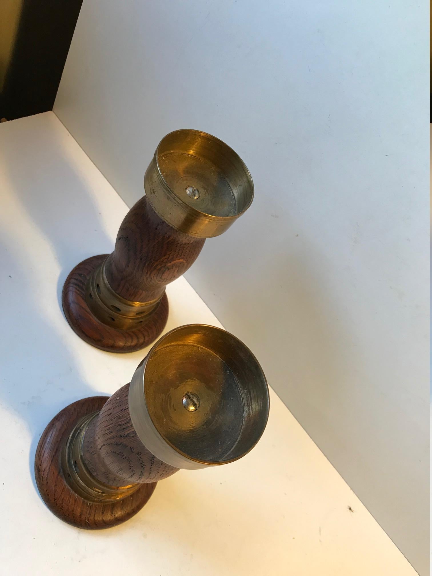 Vintage Danish Church Candleholders in Oak and Bronze, 1950s, Set of 2 For Sale 1