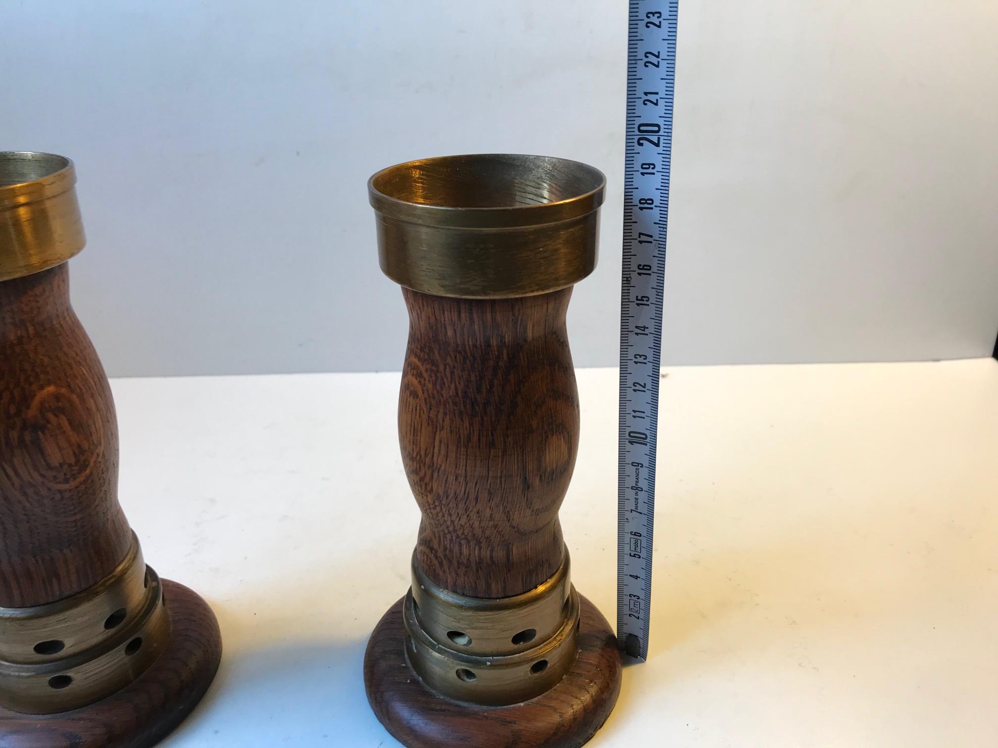 Vintage Danish Church Candleholders in Oak and Bronze, 1950s, Set of 2 For Sale 3
