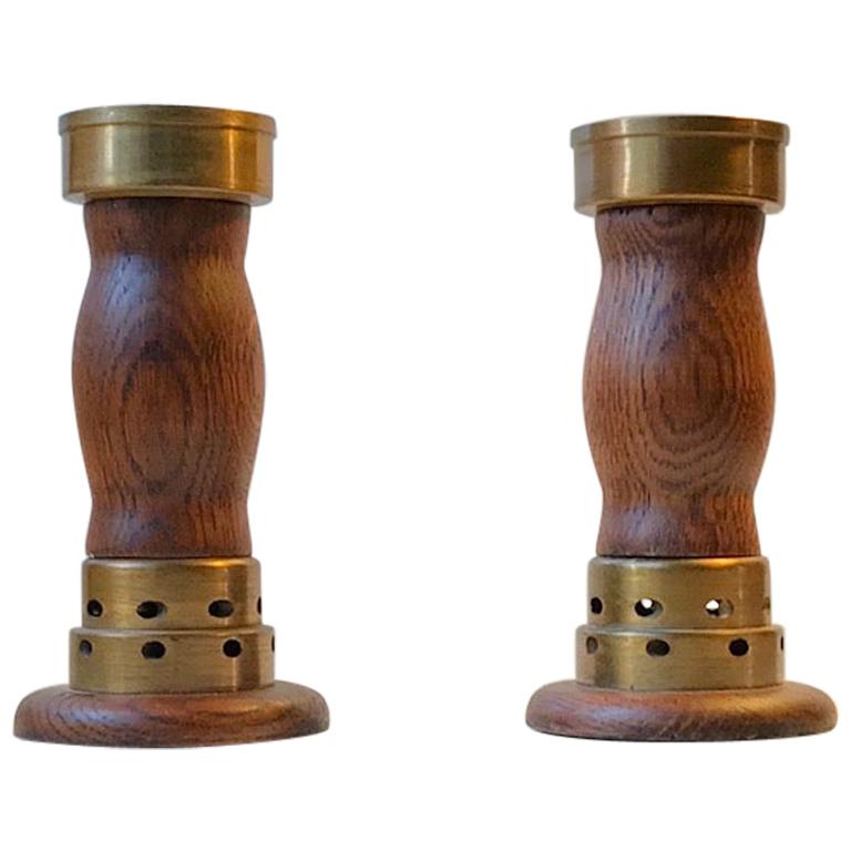 Vintage Danish Church Candleholders in Oak and Bronze, 1950s, Set of 2 For Sale