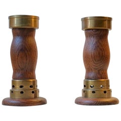 Used Danish Church Candleholders in Oak and Bronze, 1950s, Set of 2