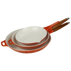 Vintage Danish Copco Enamel Cast Iron Pans with Teak Handles, Michael Lax Design