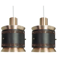 Vintage Danish Copper and Black Pendant Light, 1960s, Set of 2