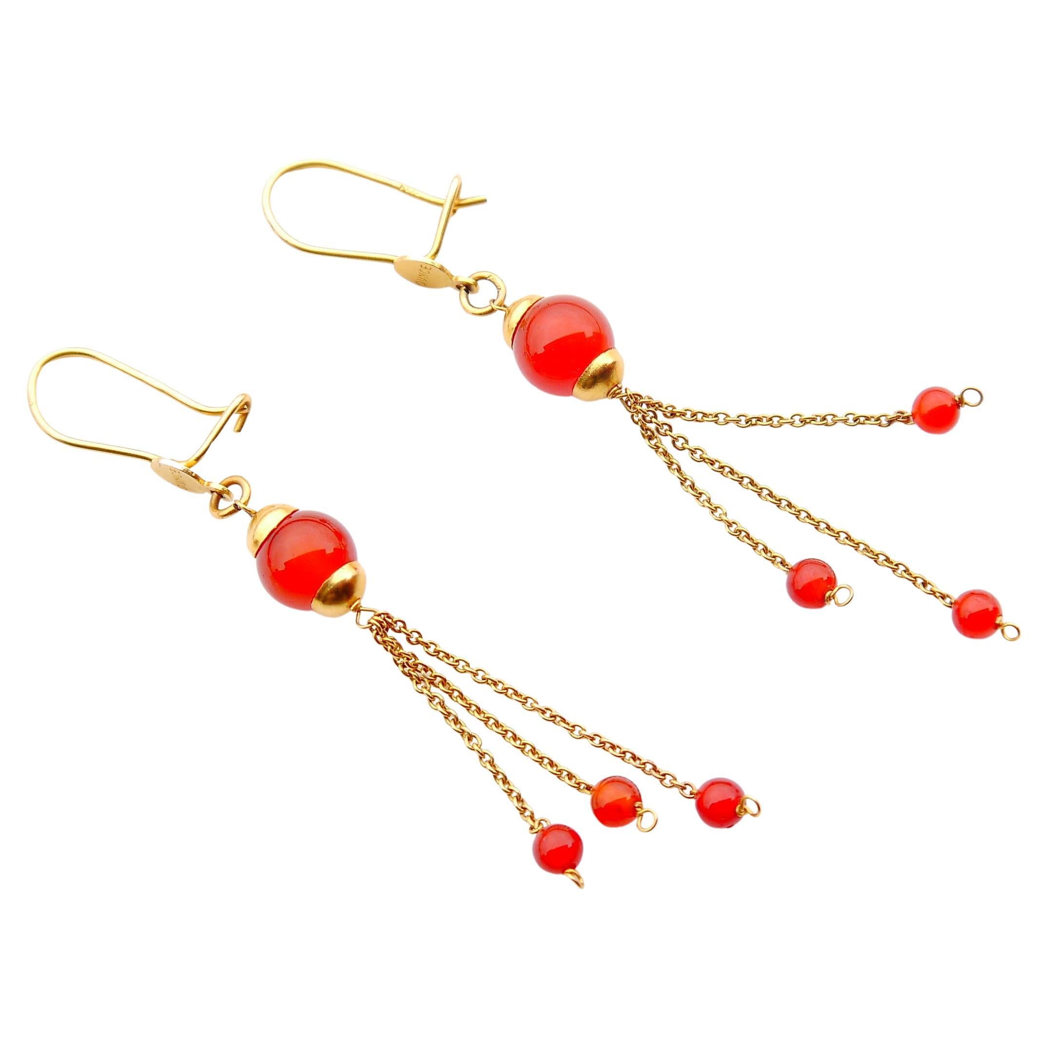 Vintage Danish Dangle Earrings natural Sard solid 18K Yellow Gold / 4.8 gr